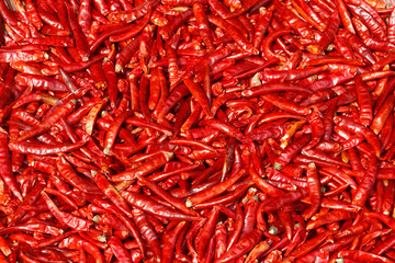 Hot sharp burning pods of ripe juicy red chili peppers. Natural ecological background.