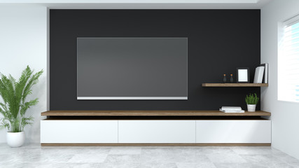 modern Tv wood cabinet shelf in empty room interior background  3d rendering home designs,background shelves and books on the desk in front of empty black wall clean modern home design