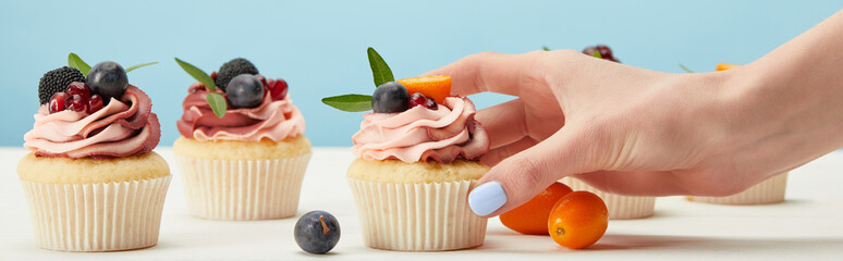 panoramic shot of woman with cupcakes isolated on blue