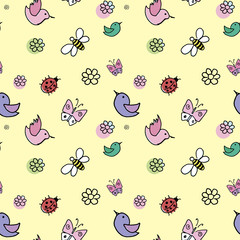 Summer doodle background. Hand-drawn doodle birds, butterflies, flies and flowers on yellow background. Seamless wallpaper pattern.
