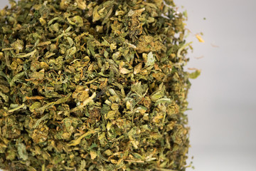 Close up of heap of flowers of biological and ecological hemp plant used for producing herbal pharmaceutical cbd oil.
