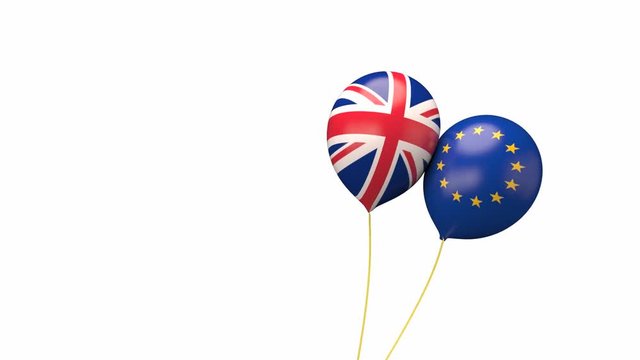 Two balloons with UK and EU flags moving toward each other and fighting,  expressing confrontation and Brexit in funny lovely way, on white background. 3D rendering. animation.