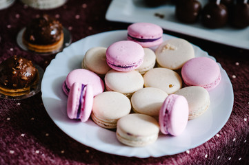 Delicious sweet pink, purple, pastel, beige macaroons in a plate on a violet background. Festive sweet table with baking.