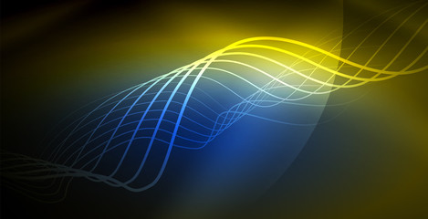 Glowing abstract wave on dark, shiny motion, magic space light. Techno abstract background
