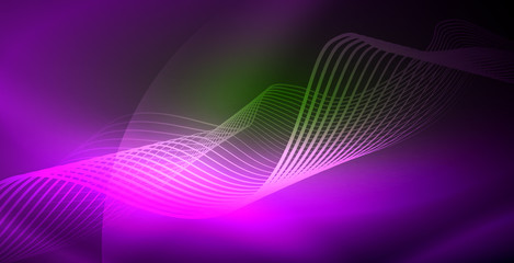 Glowing abstract wave on dark, shiny motion, magic space light. Techno abstract background