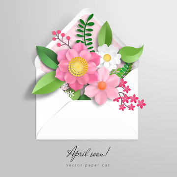 Vector Envelope. 3d Paper Flowers. Paper Cut Art. Inscription April Soon.