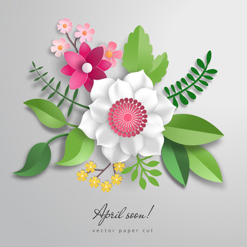 3d Vector Bouquet Of Paper Flowers. Paper Cut Style. Inscription April Soon