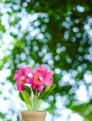 Artificial flowers from clay, background blur and bokeh