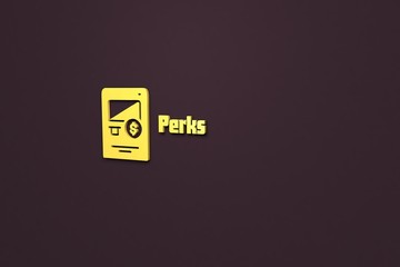 Text Perks with yellow 3D illustration and brown background