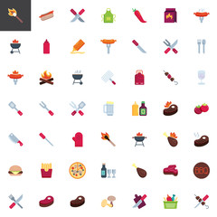 BBQ party elements collection, flat icons set, Colorful symbols pack contains - Barbecue grill, Beef steak meat, Grilled chicken, Sausage, picnic basket. Vector illustration. Flat style design
