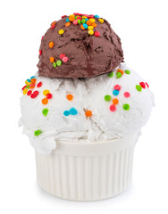 plate of vanilla and chocolate ice cream scoops swith sprinkles isolated on white background