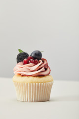 cupcake with grape, garnet and blackberry isolated on grey