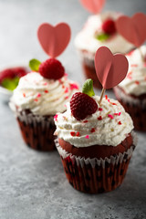 Homemade Red Velvet cupcakes with fresh raspberry