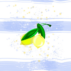 Seamless citrus  pattern on striped background. Hand drawn illustration with lemons.