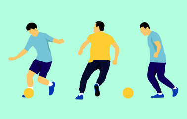 Set of vector people playing football. Active men running with ball in flat style.