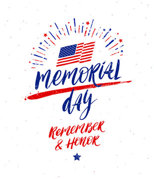Memorial day vector illustration. Handwritten lettering and fireworks burst. Design for poster, greeting card, banners or t-shirt print.