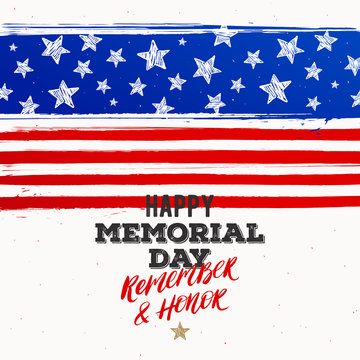 Happy memorial day - National american holiday. Type design with brush lettering  and USA flag hand drawn  elements. Vector illustration.