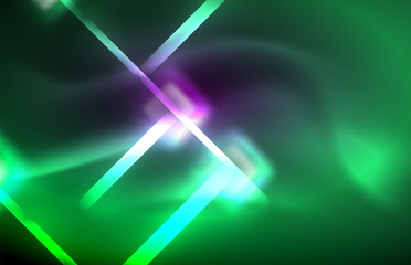 Neon square and line lights on dark background with blurred effects