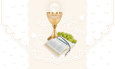 First holy communion, background with glass of wine and grapes