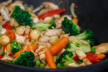 turkey meat stew with fresh vegetables cooked in a wok pan