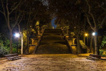 Night view of illuminated high staircase surrounded by thicket of different trees in the Montjuic Park, Barcelona, Catalonia, Spain