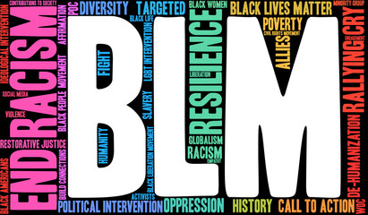 BLM Black Lives Matter Word Cloud on a black background. 