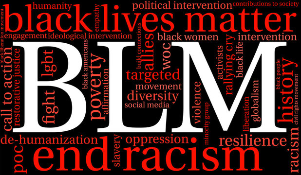 BLM Black Lives Matter Word Cloud On A Black Background. 