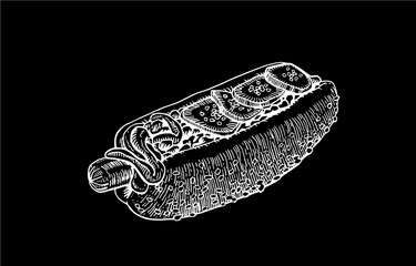 Graphical sketch of hot dog isolated on black, vector illustration ,fast-food