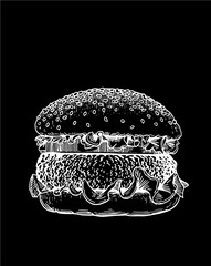 Graphical sketch of hamburger isolated on black, vector illustration ,fast-food