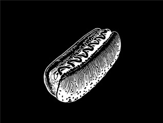 Graphical sketch of hot dog isolated on black, vector illustration ,fast-food