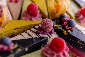 random selection of healthy vegan raw colorful  fruit cakes 