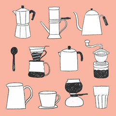 hand drawn black and white pencil coffee tools maker