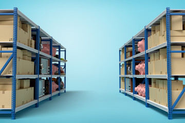 3d rendering of two silver blue metal racks with cardboard boxes on blue background
