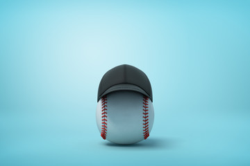 3d rendering of baseball wearing black baseball cap on the right of image with copy space on the rest of light blue background.