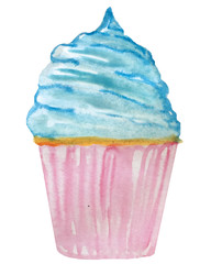 watercolor cupcake with blue cream. raster illustration for menu design