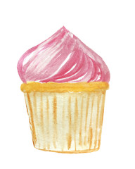 watercolor cupcake with pink cream. raster illustration for menu design