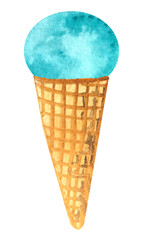 watercolor ice cream in a waffle cone. raster illustration for menu design