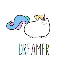 Cat unicorn vector illustration drawing with rainbow writing Dreamer. Unicorn cartoon, isolated on white background.