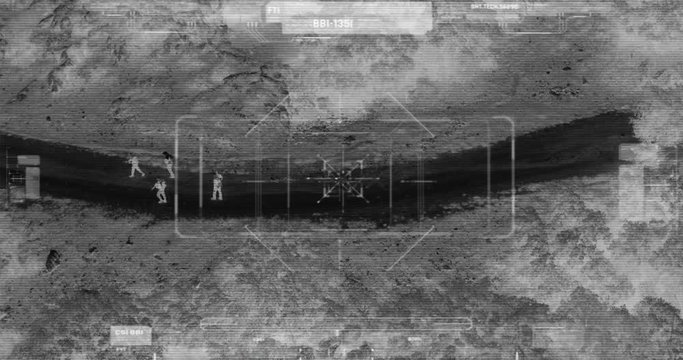 Drone with thermal night vision view of terrorist squad walking with weapons