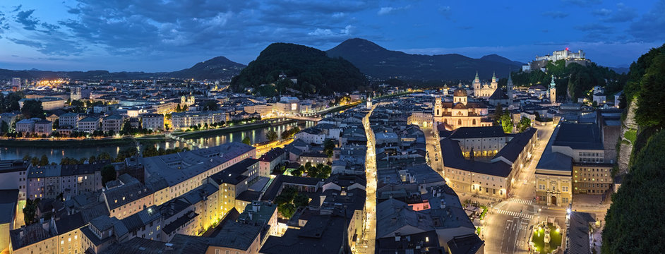Panorama of Salzburg at sunset, Austria. View from observation point at the Monchsberg mountain.