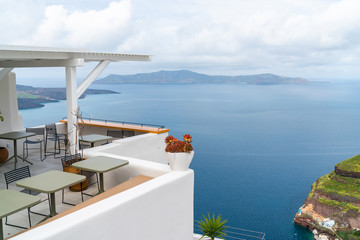 Fototapeta premium View of volcano caldera and Aegean Sea in Fira, Santorini landscape, Greece