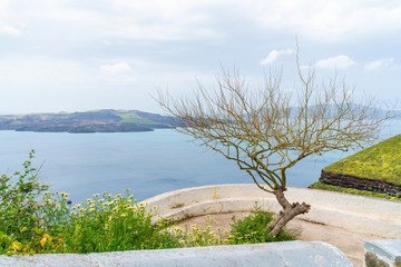View of volcano caldera and Aegean Sea in Fira, Santorini landscape, Greece