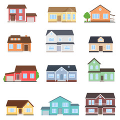 Set of houses. Urban and suburban, cottage, town house. Exterior, front view. Isolated vector illustration
