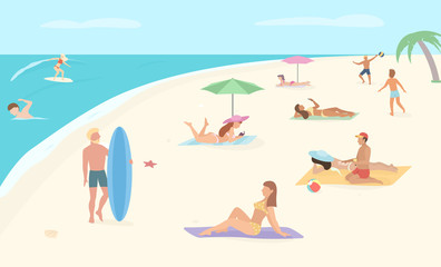 People at beach. Men and women relax, sunbathing, swim and play beach volleyball at the seashore. Summer vacation. Vector illustration