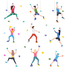 People on the climbing wall. Men, women and children climbing on artificial rock wall. Isolated vector illustration