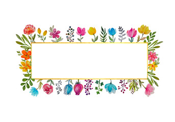 Watercolor floral frame with green leaves and flowers.  