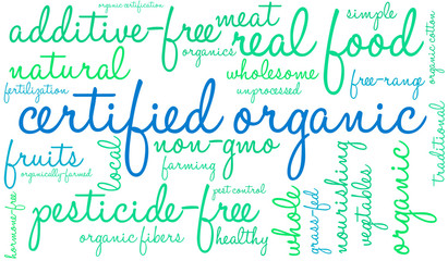 Certified Organic Word Cloud on a white background. 