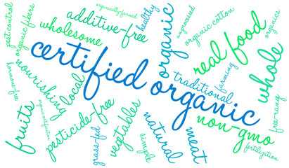 Certified Organic Word Cloud on a white background. 