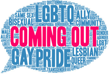 Coming Out LGBTQ Word Cloud on a white background. 