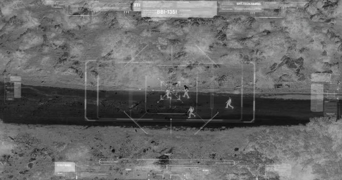 Drone with thermal night vision view of terrorist squad walking with weapons
